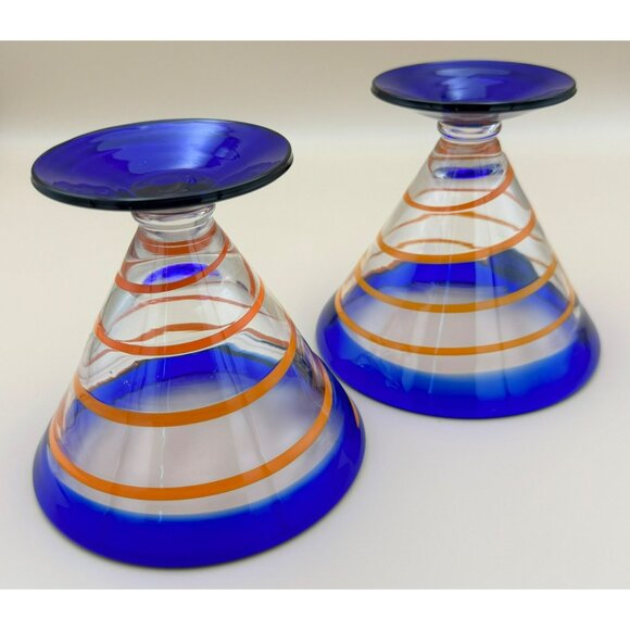 Pair of Royal Caribbean Cocktail Dessert Glasses Orange Cobalt Swirl - Picture 7 of 8